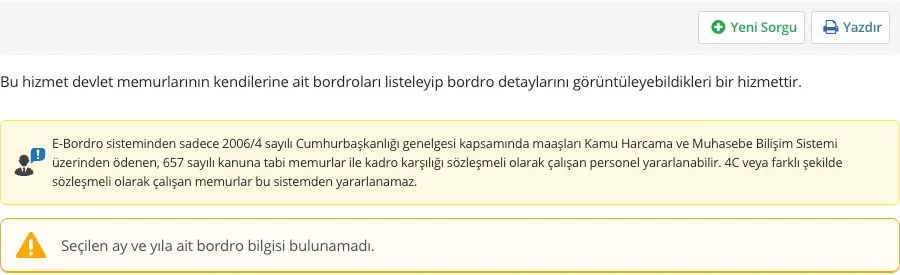 e-Bordro ekranında Seçilen ay ve yıla ait bordro bilgisi bulunamadı uyarısı