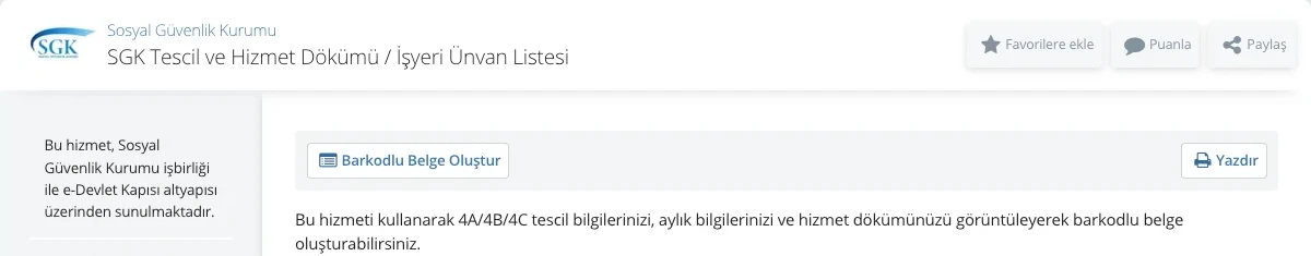 SGK Tescil ve Hizmet Dökümü sayfasının üst kısmı: Barkodlu Belge Oluştur ve Yazdır düğmeleri