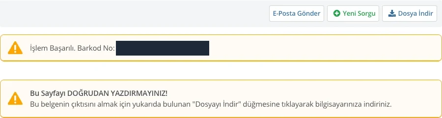 Belge oluşturulduktan sonraki ekran: E-Posta Gönder, Yeni Sorgu ve Dosya İndir düğmeleri ile sayfayı doğrudan yazdırmayın uyarısı